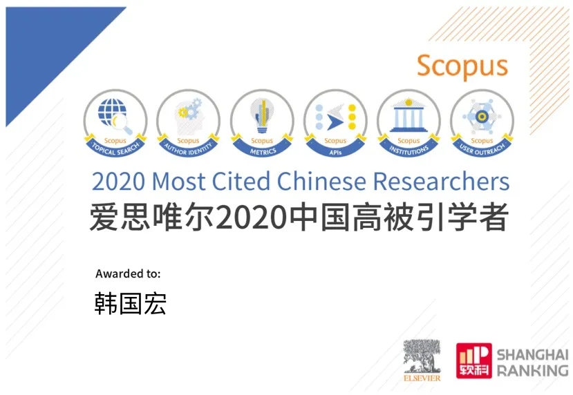 韓國宏教授入選 “2020年中國高被引學(xué)者”榜單！